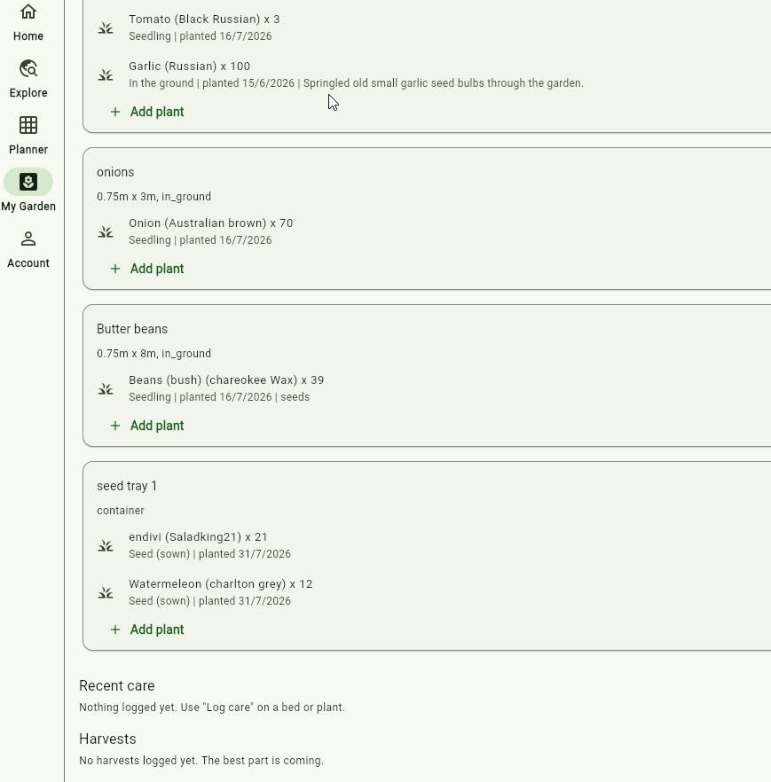 The My Garden screen on gardenbuddy.au showing garden beds with logged plants, including an onions bed, a butter beans bed and a seed tray container holding endive and watermelon sown on 31 July 2026