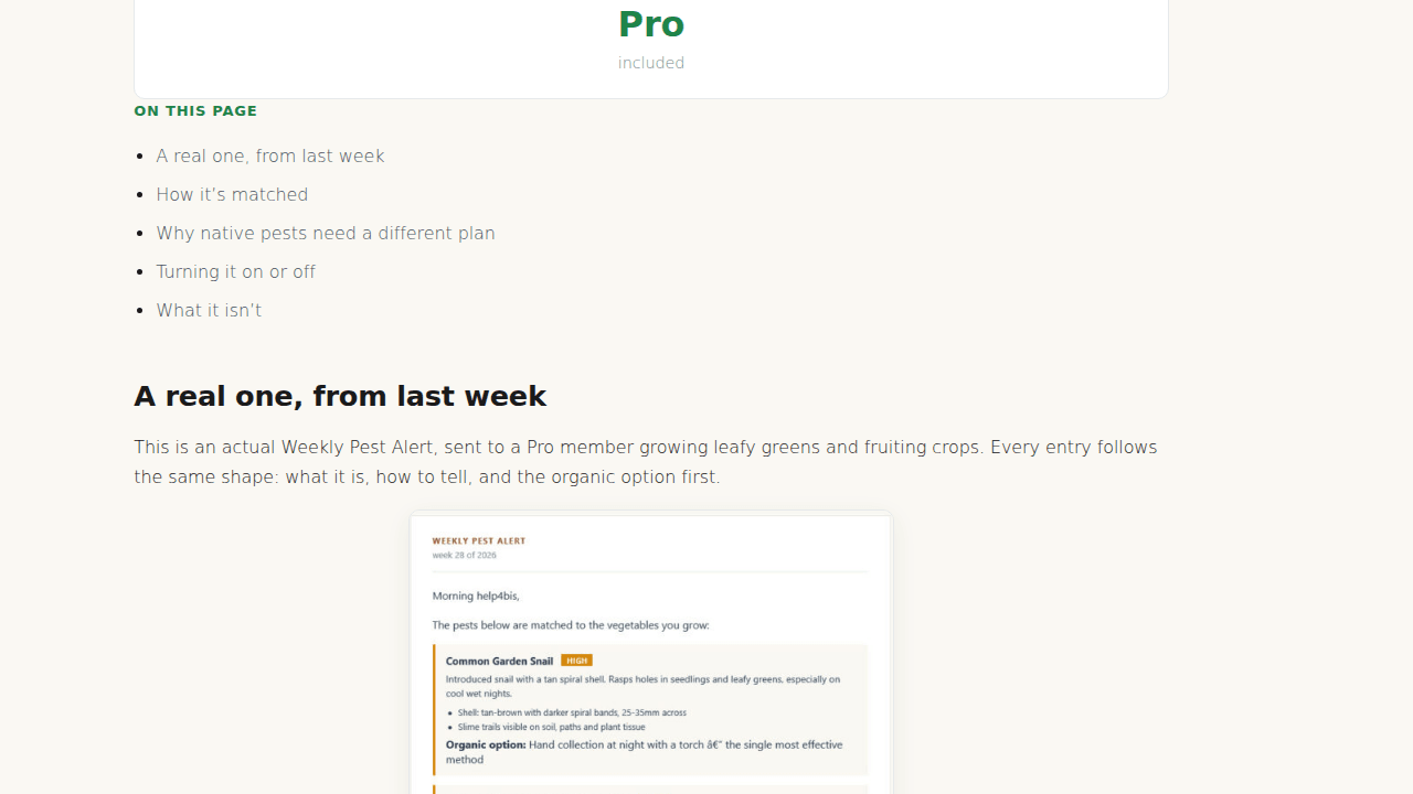 Example Weekly Pest Alert email card showing a High severity badge and the organic control option listed first
