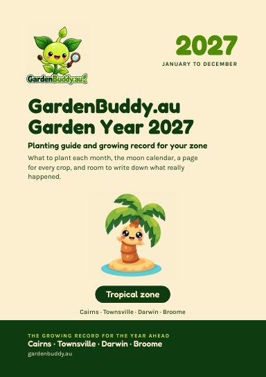 Cover of GardenBuddy.au Garden Year 2027 Tropical: cartoon palm tree on an island, green title text, cream background.