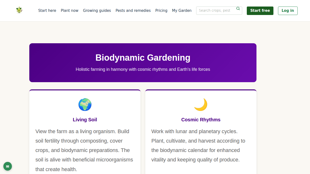 Biodynamic Calendar page on gardenbuddy.au showing living soil, cosmic rhythms and closed system principles