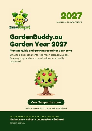 GardenBuddy.au Garden Year 2027 Cool Temperate cover with a cartoon apple tree and green title text on cream