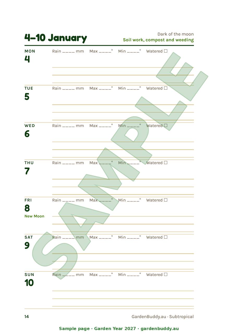 Sample page 14 of Garden Year 2027, the week of 4 to 10 January, with a row per day for rain, maximum and minimum temperature, a watered tick box and ruled lines for notes