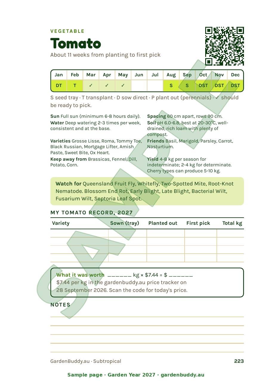 Sample page 223 of Garden Year 2027, the tomato crop page, with a month by month planting strip, growing notes, pests and diseases to watch for, a personal tomato record table and a scannable code