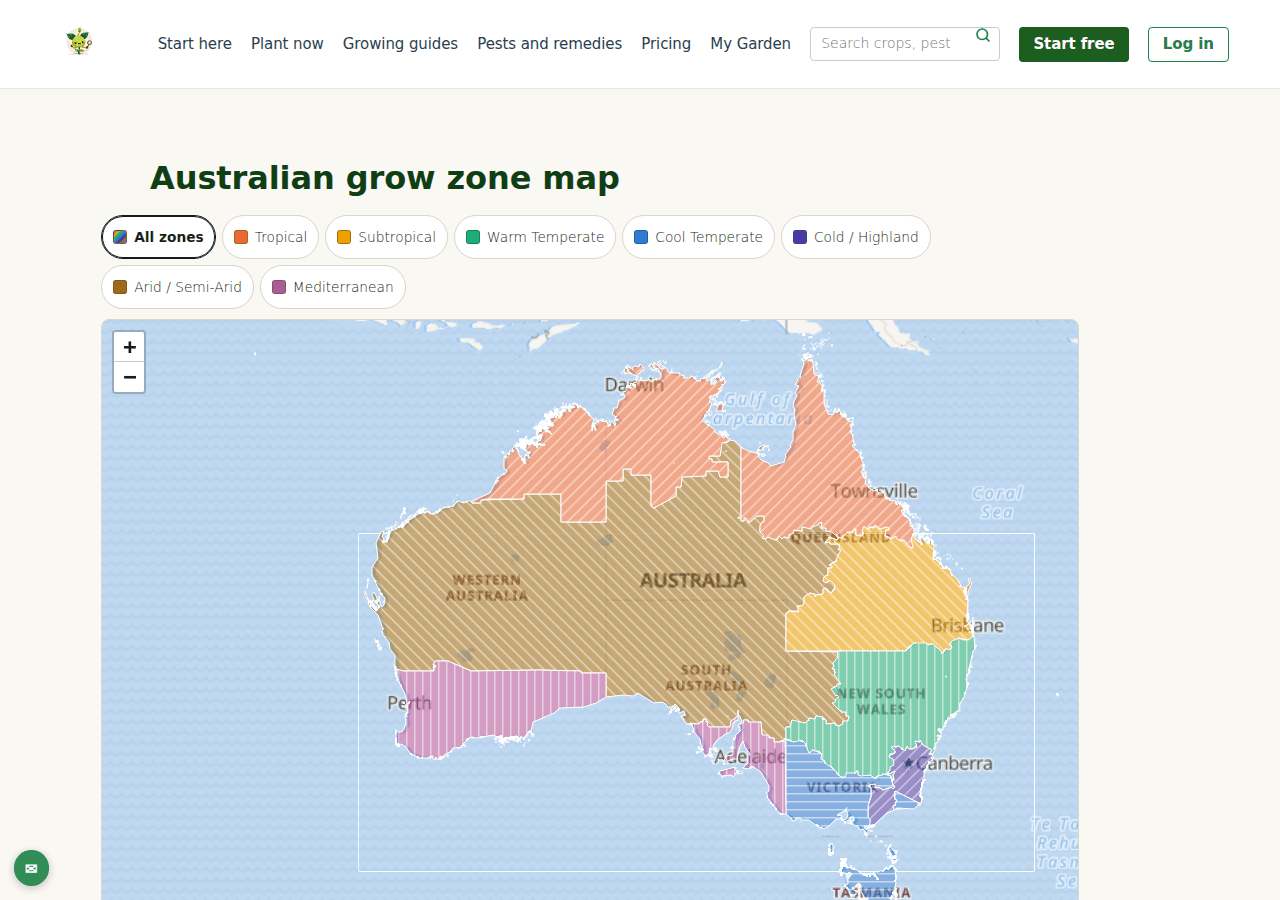 Australian grow zone map showing all seven climate zones coloured with distinct hatch patterns