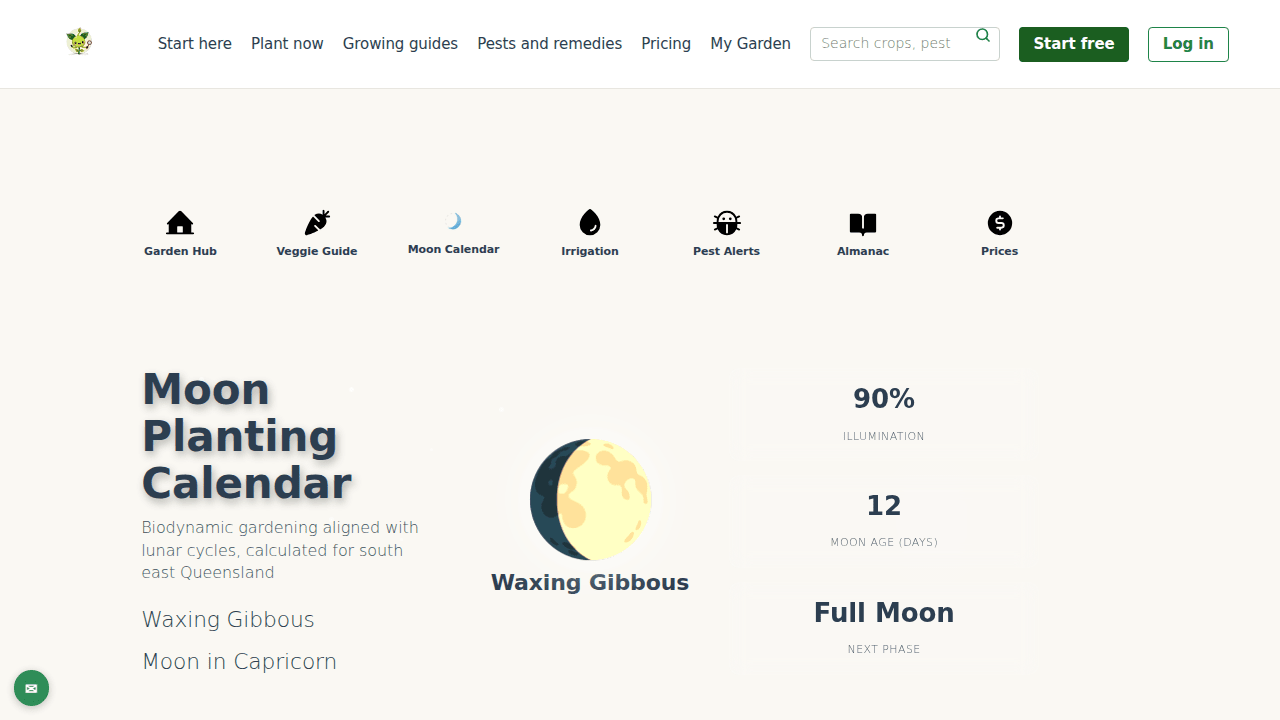 The GardenBuddy.au Moon Calendar page showing todays moon phase, illumination and zodiac sign