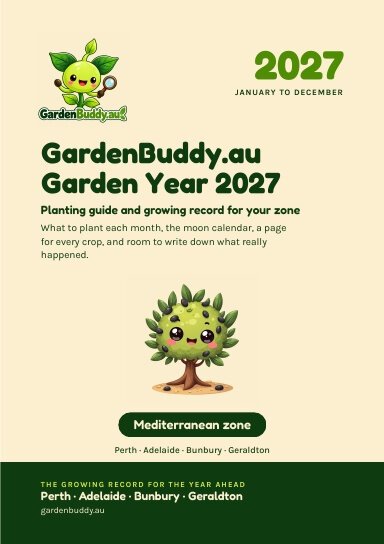 GardenBuddy.au Garden Year 2027 Mediterranean zone cover with a cartoon olive tree, green title text and city names.
