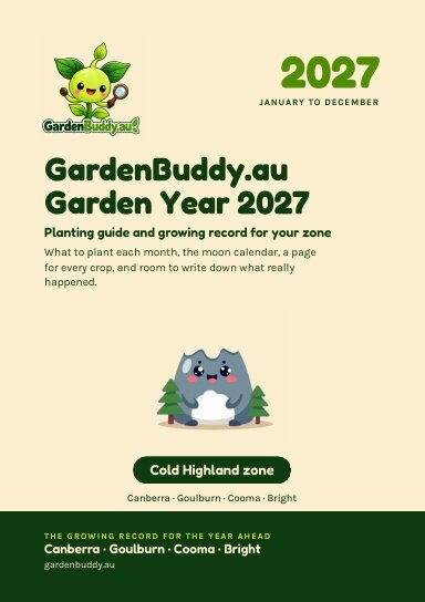 GardenBuddy.au Garden Year 2027 Cold Highland cover: cartoon grey rock mascot, pine trees, green title text on cream.