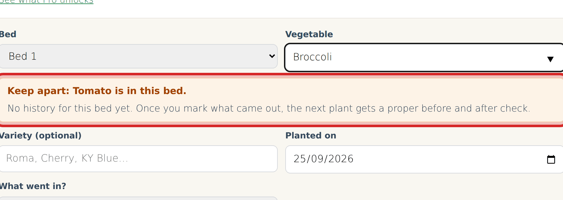 The add plant form warning that Tomato is already in the bed when Broccoli is typed