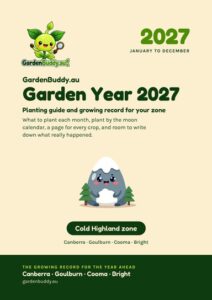 GardenBuddy.au Garden Year 2027 Cold Highland cover: cartoon snow-capped mountain mascot, pine trees, green title text on cream.