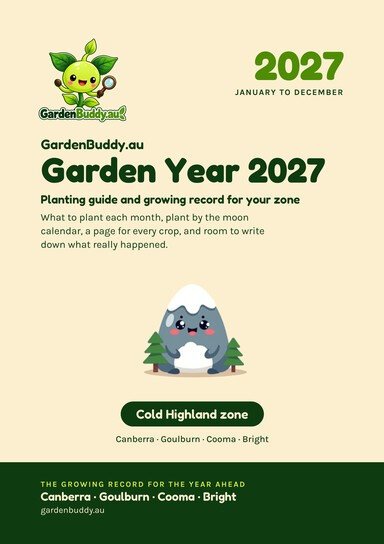 GardenBuddy.au Garden Year 2027 Cold Highland cover: cartoon snow-capped mountain mascot, pine trees, green title text on cream.