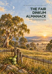 Watercolour cover of The Fair Dinkum Almanack 2027: gum tree, wire fence, green leaf sprite and sunrise over misty hills.