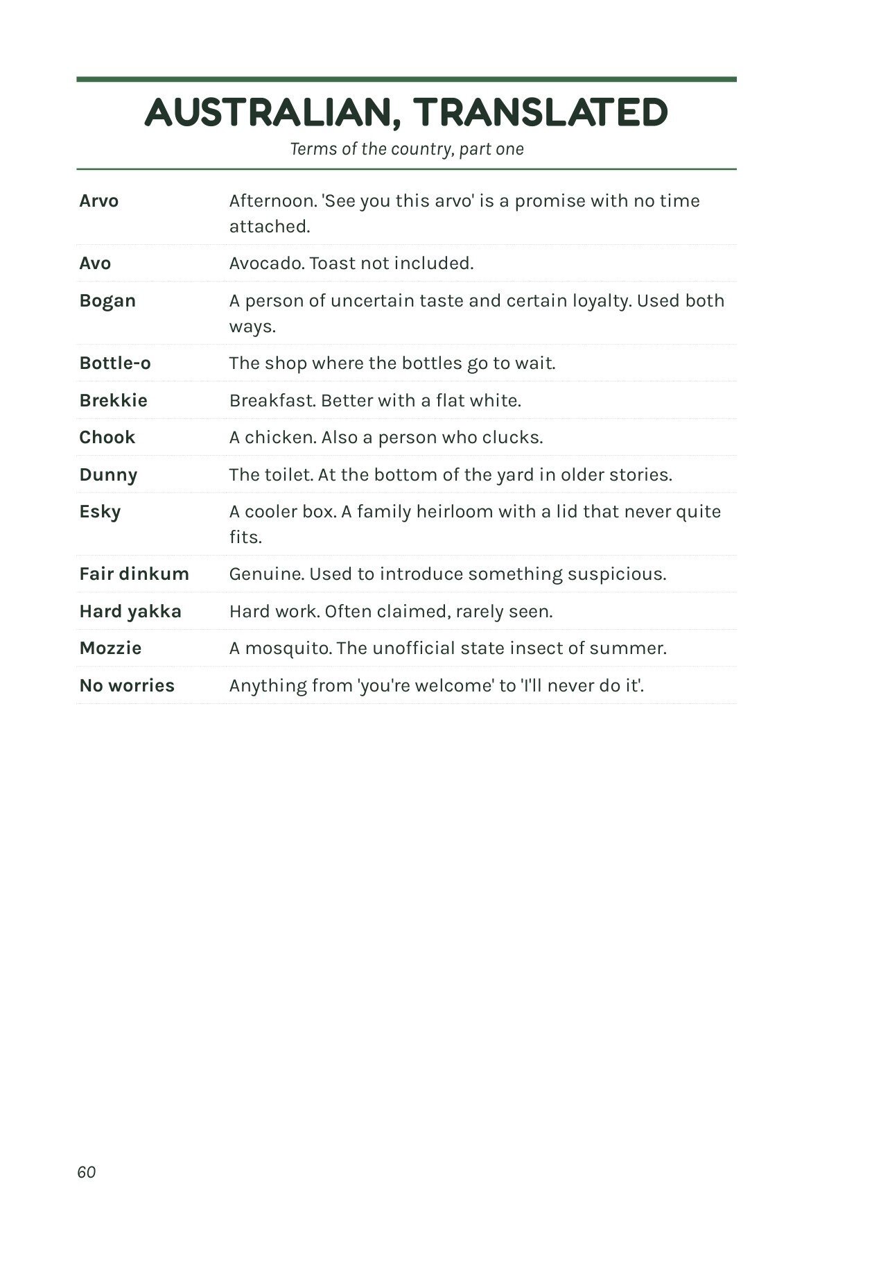 Australian, translated, page 60 of The Fair Dinkum Almanack 2027, a list of slang words from arvo to no worries with a dry one line meaning for each