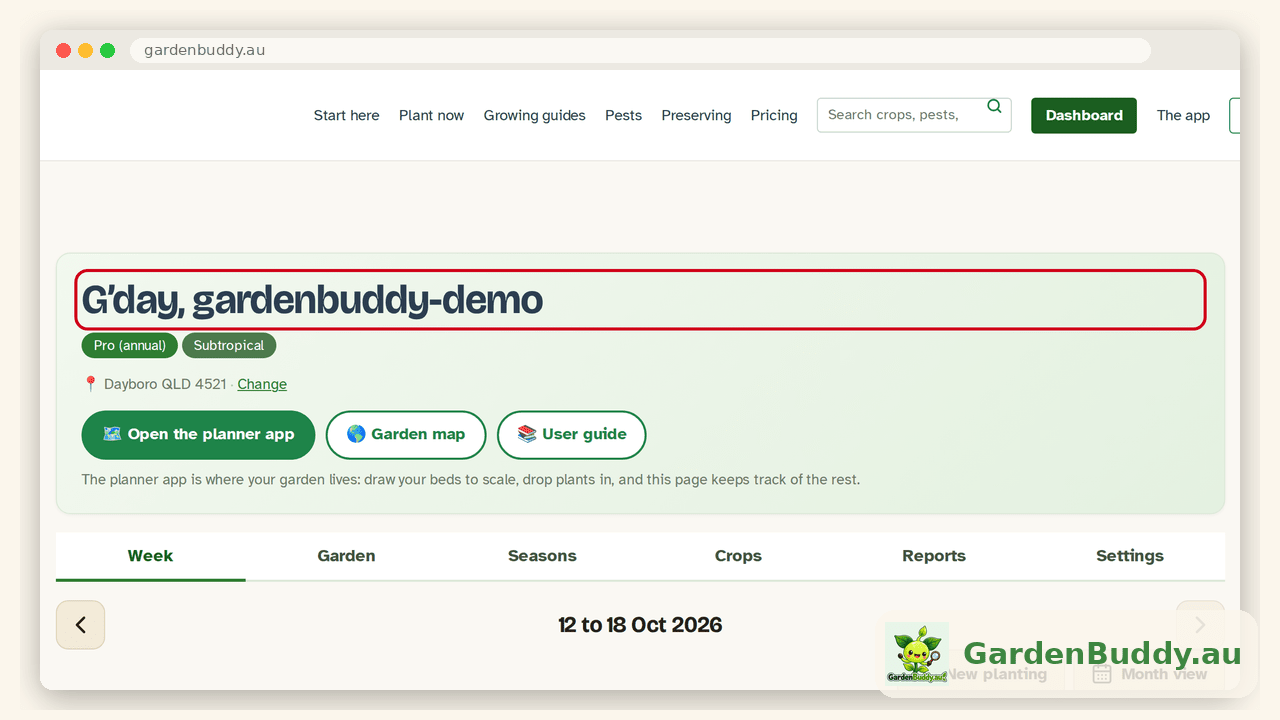 The member home greeting G'day, gardenbuddy-demo outlined in red in a browser window