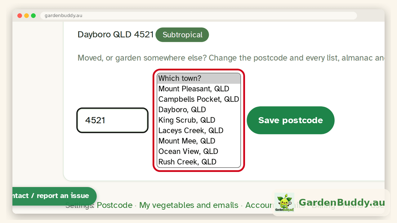 The Where you garden card in dashboard Settings with 4521 typed in and the Which town list of eight towns outlined in red