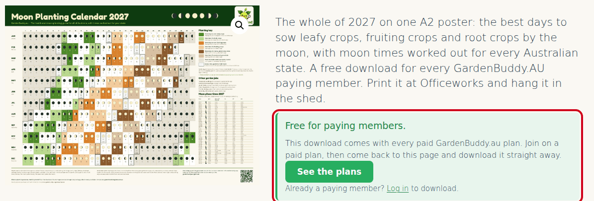 The poster page for a visitor or Free member, the Free for paying members box with the See the plans button circled in red