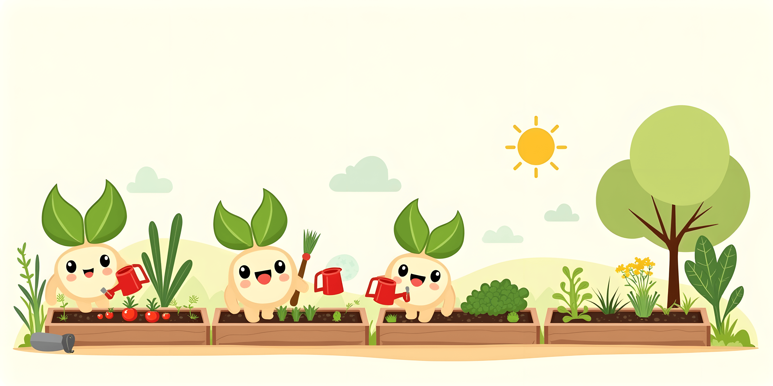 Garden Buddy mascots tending a vegetable garden