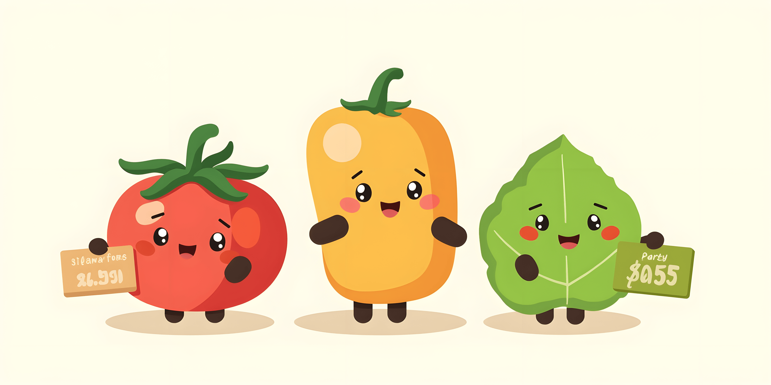 Vegetable mascots with price tags