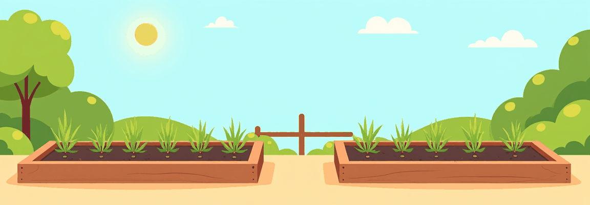 A garden bed at ground level with rows of seedlings and open sky