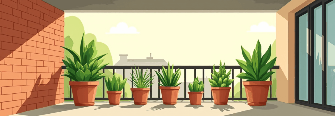 A balcony with a slab overhead, a rail in front and pots on the floor