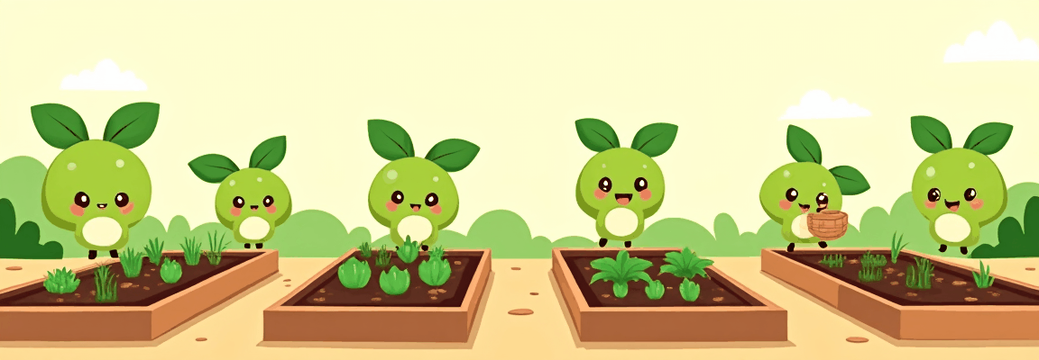 Several garden plots side by side with people working between them, a shared growing space