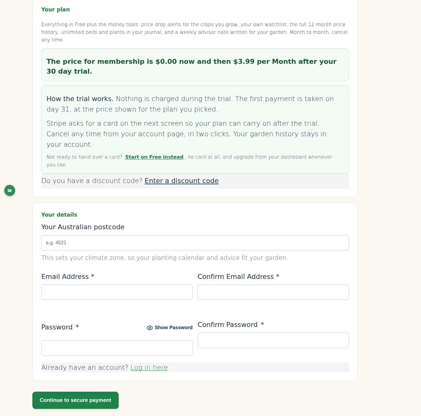 The checkout page for Starter monthly: account details on the left, the plan and price on the right.