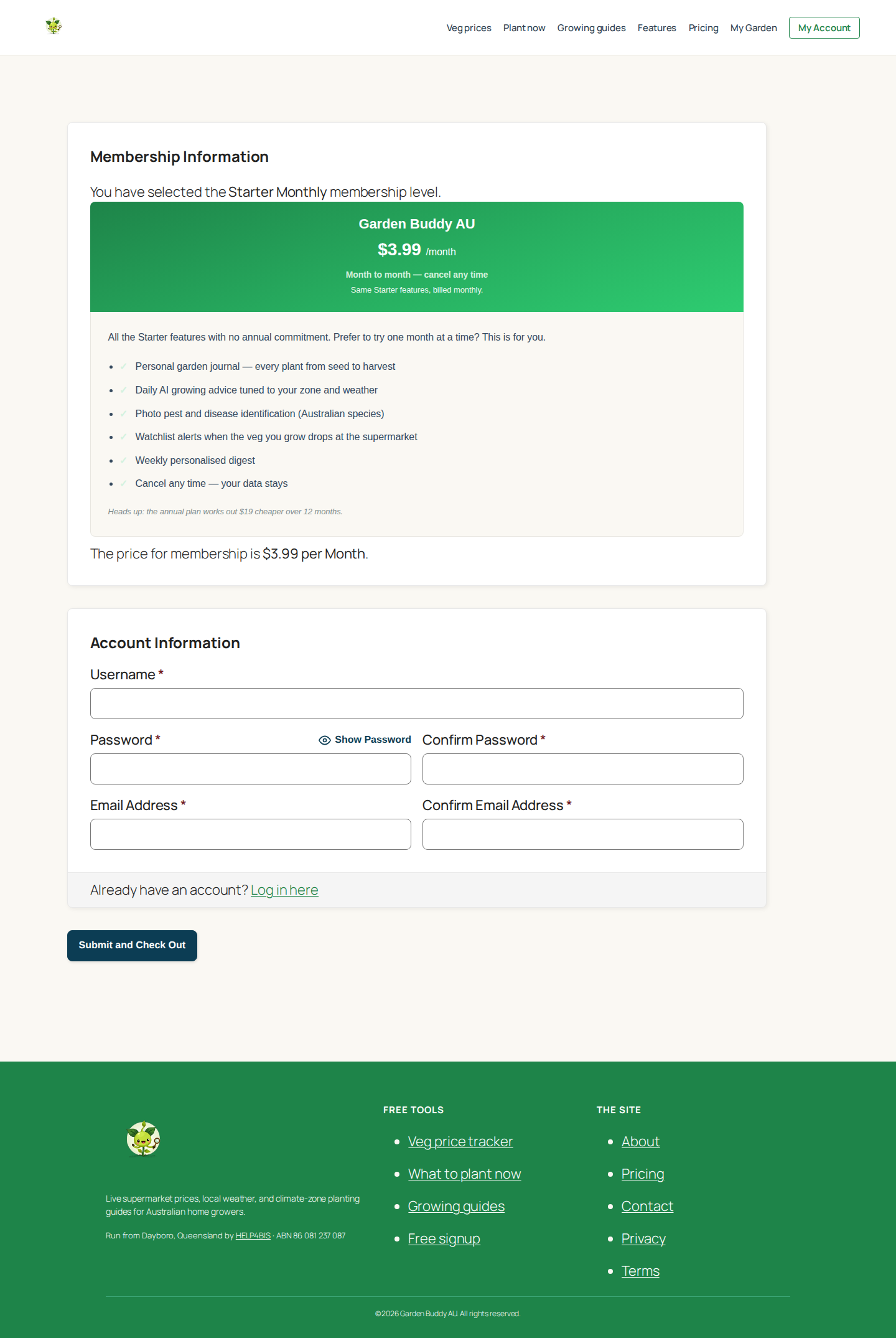 The Starter Monthly checkout form