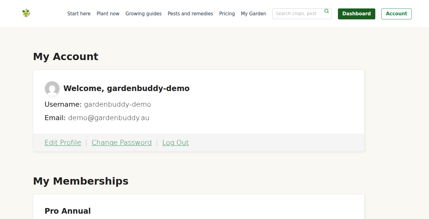 The My account page you land on after logging in, with its list of sections.