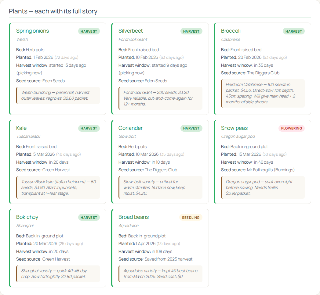 Plant cards with seed source, planting date, days in ground, harvest window