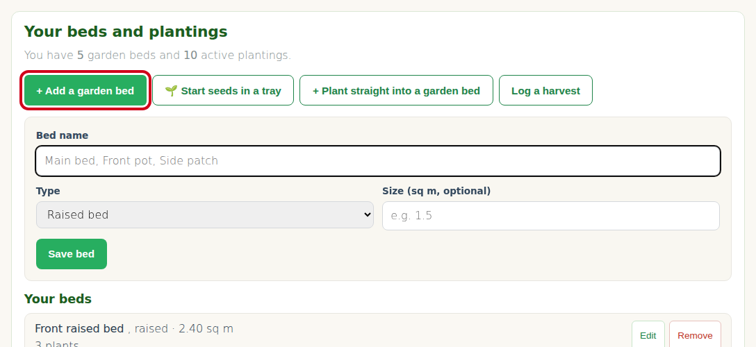 The + Add a garden bed button, outlined in red, at the top of Your beds and plantings on the Track tab of My Garden.