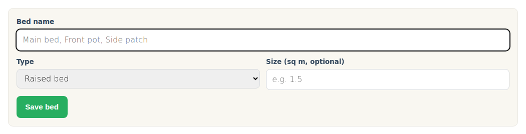 The form that opens under the button: bed name, type and size.