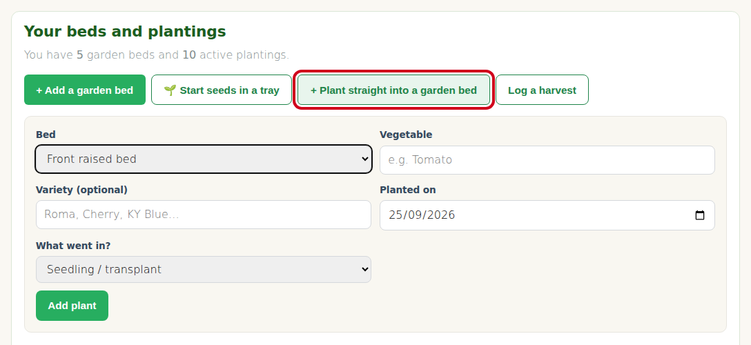 The + Plant straight into a garden bed button, outlined in red, at the top of Your beds and plantings on the Track tab.