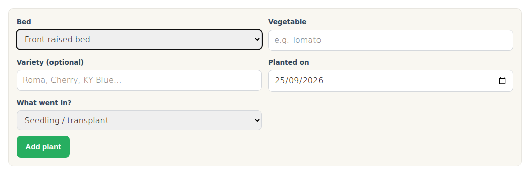 The add plant form: bed, vegetable, variety, planted on, and what went in.