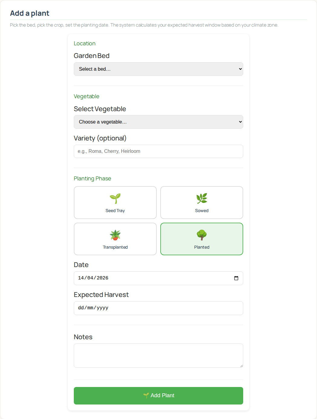 The Add a plant form