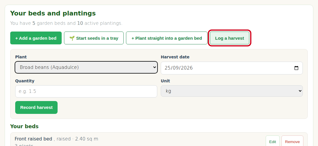 The Log a harvest button, outlined in red, at the top of Your beds and plantings on the Track tab.