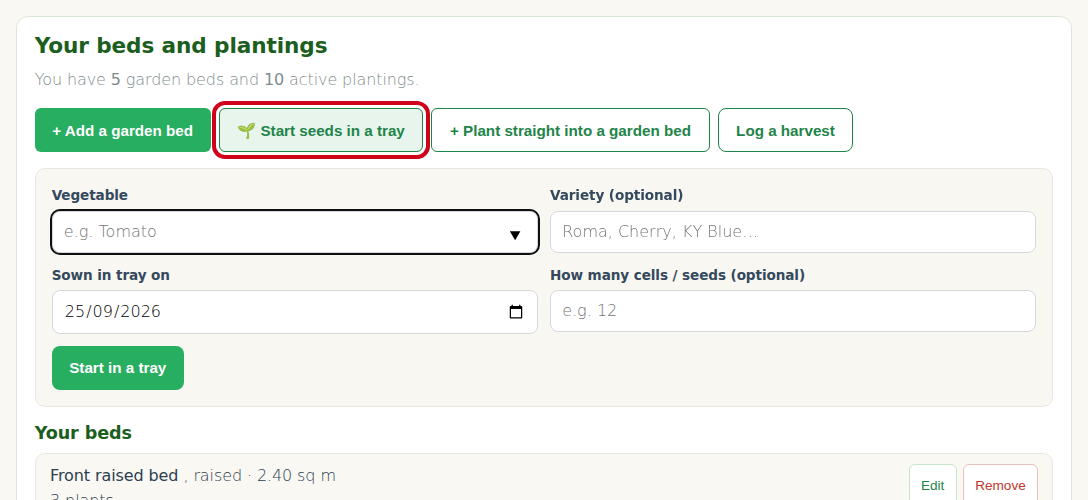 The Start seeds in a tray button, outlined in red, next to the add bed button.
