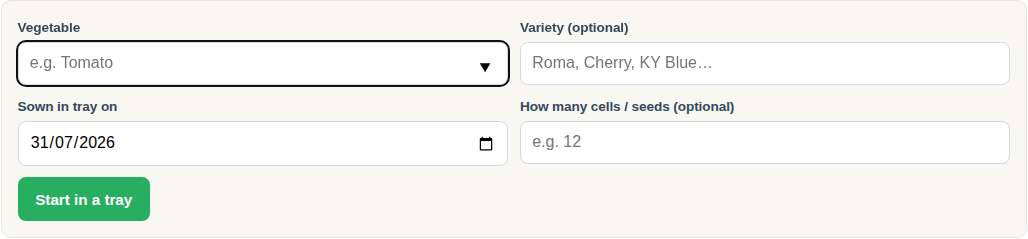 The seed tray form, showing vegetable, variety, sown in tray on, and how many cells or seeds