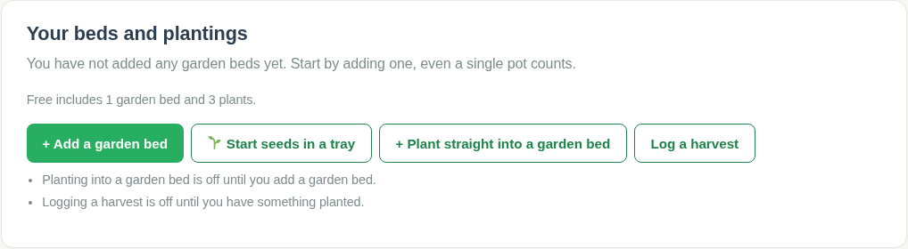 Your beds and plantings on an empty account. Two buttons wait for a bed and a plant.