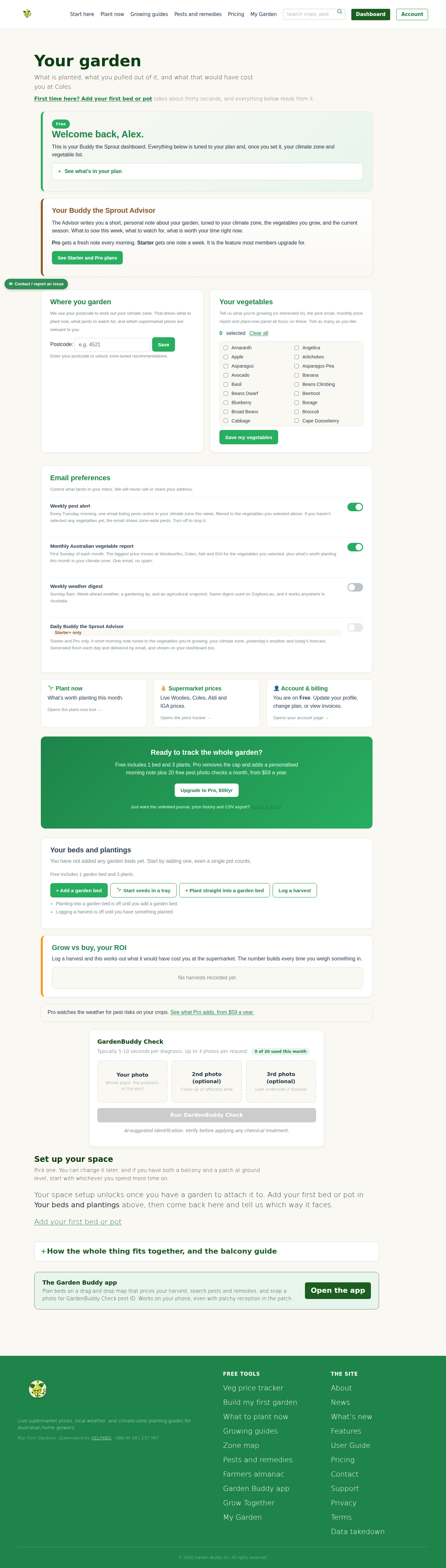 The full My Garden page on a new free account, September 2026