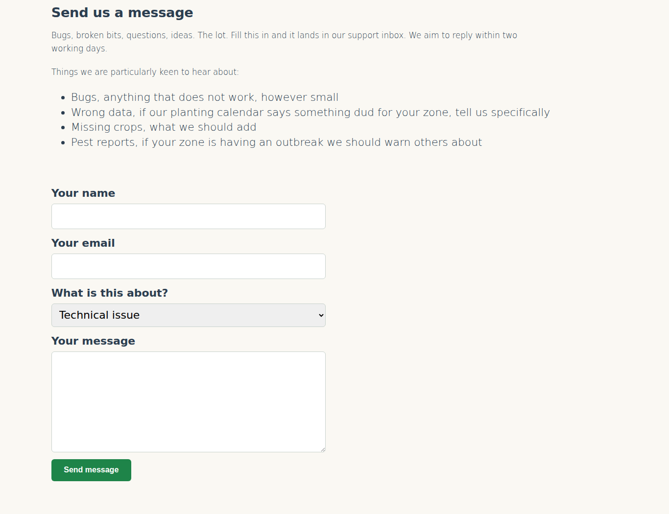 The contact form at gardenbuddy.au/contact/. Name, email, subject and message, then Send.