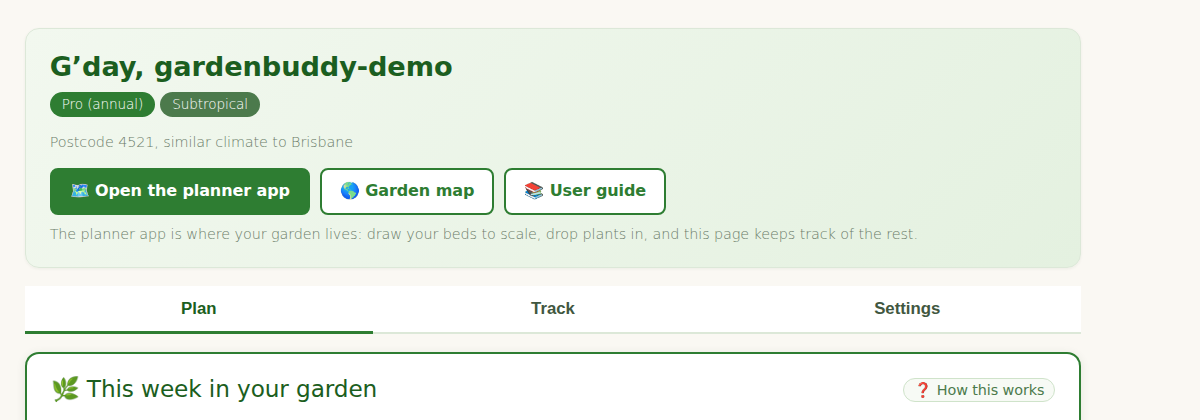 The welcome banner at the top of gardenbuddy.au/dashboard/: greeting, plan and zone chips, and the three buttons.