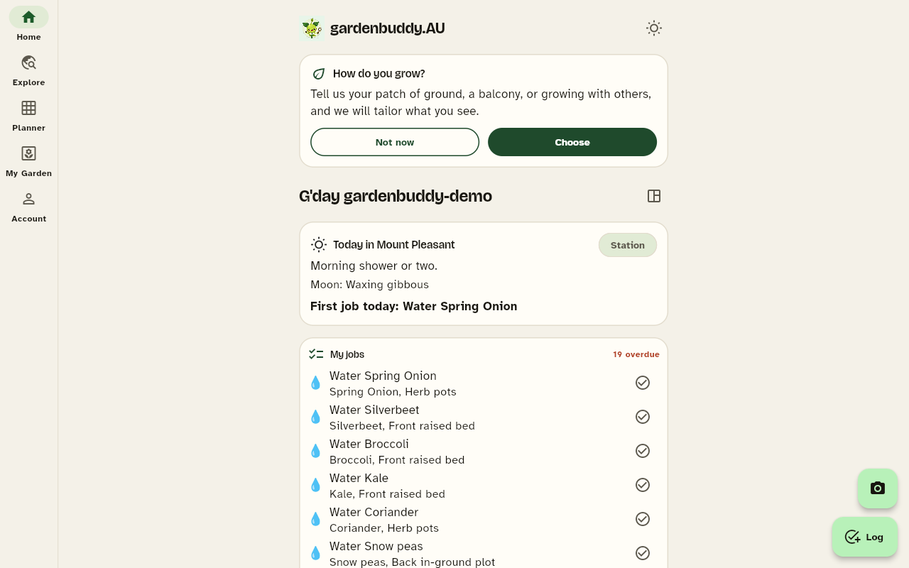 The planner home at gardenbuddy.au/app/ with the tabs along the bottom.
