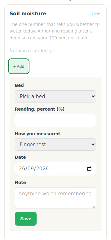 The form that opens under the button. Pick the bed, type the reading, set the date, add a note if you like, press Save.