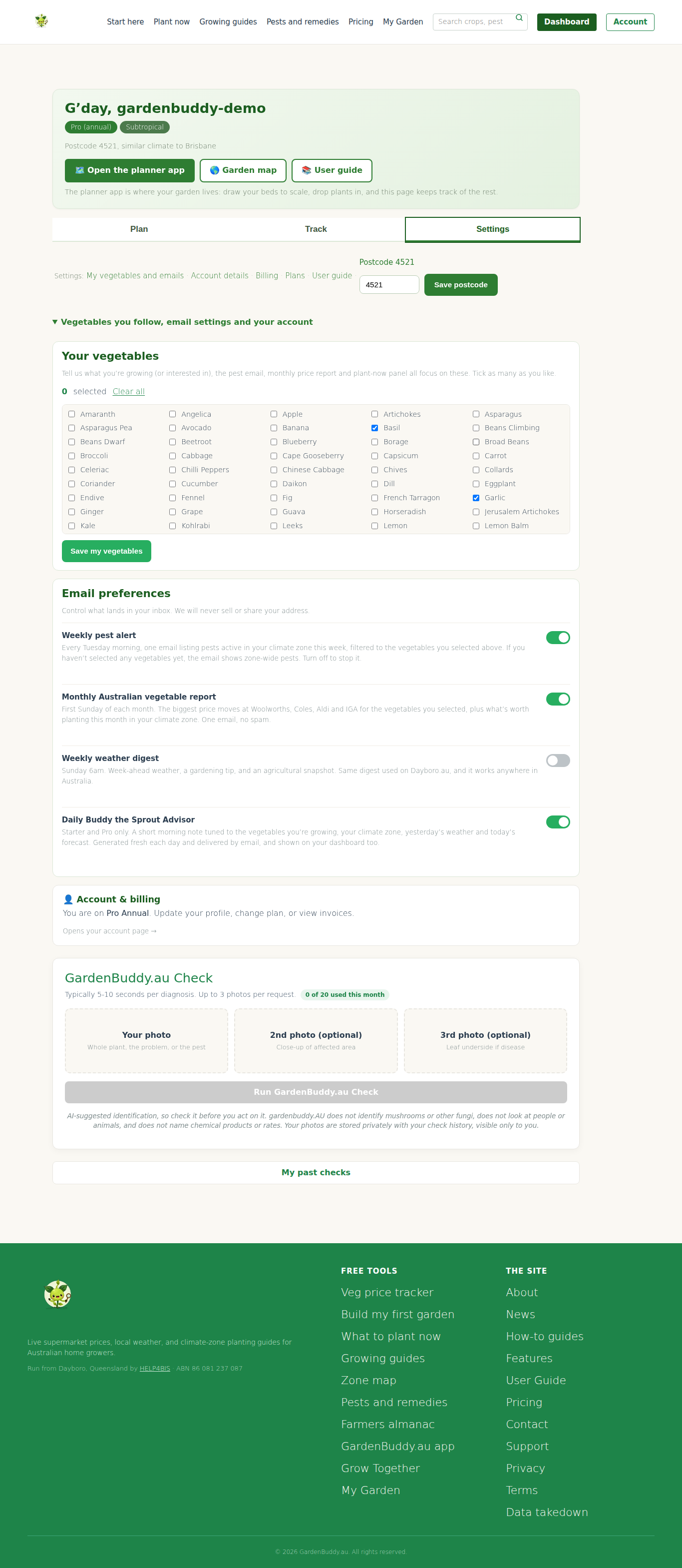 The Settings tab: the links row, then one fold with your vegetables, email preferences and account and billing.