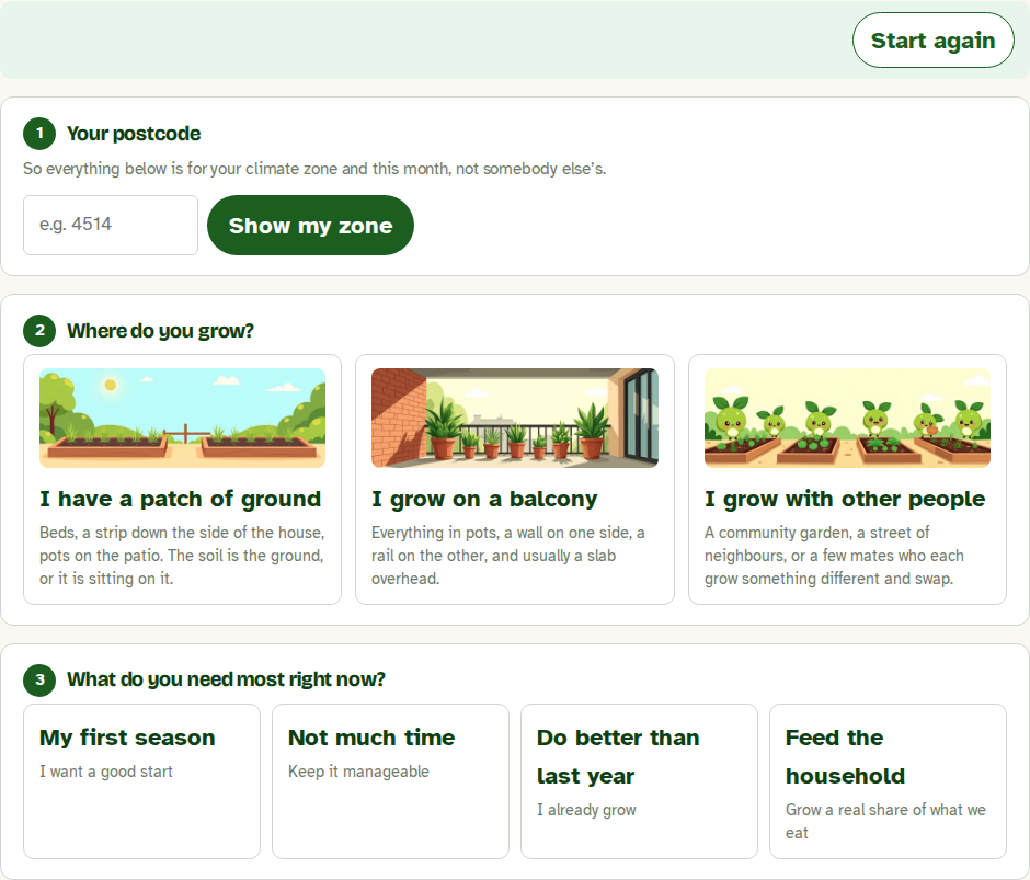 The three questions on gardenbuddy.au/who-are-you/.